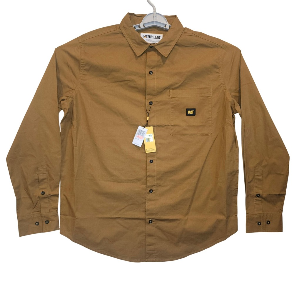 Caterpillar Men XL Ripstop Long Sleeve Work Shirt Coyote Tan CAT Logo NWT 3519